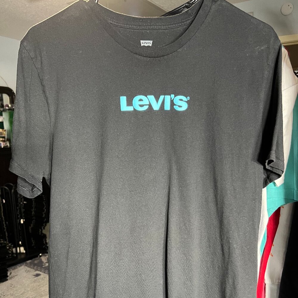 Levi's Simple Adult Grey Tee T-Shirt with Blue Text Logo SZ Large